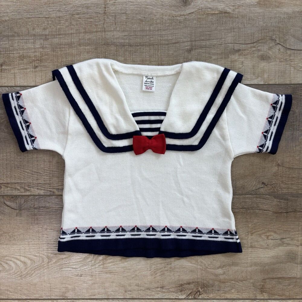 Vintage Girls Sarah Louise Nautical Shirt Sailor Navy Sailboat Red Bow Sz 3T-4T